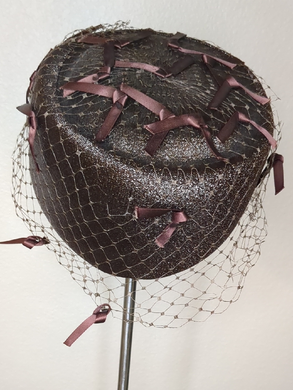 Vintage 50s Joseph Magnin Pillbox Hat Brown Netted W/ Bows Elegant Mid Century - Picture 3 of 14